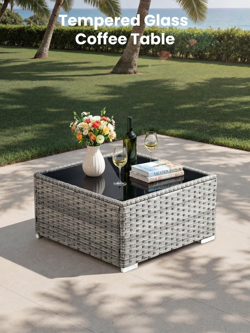ovios Outdoor 5 Piece Coversation Set with Coffee Table,Sectional Patio Furniture Set with All-Weather Wicker Sofa,Modern Outside Couch for Balcony Backyard Pool, Black