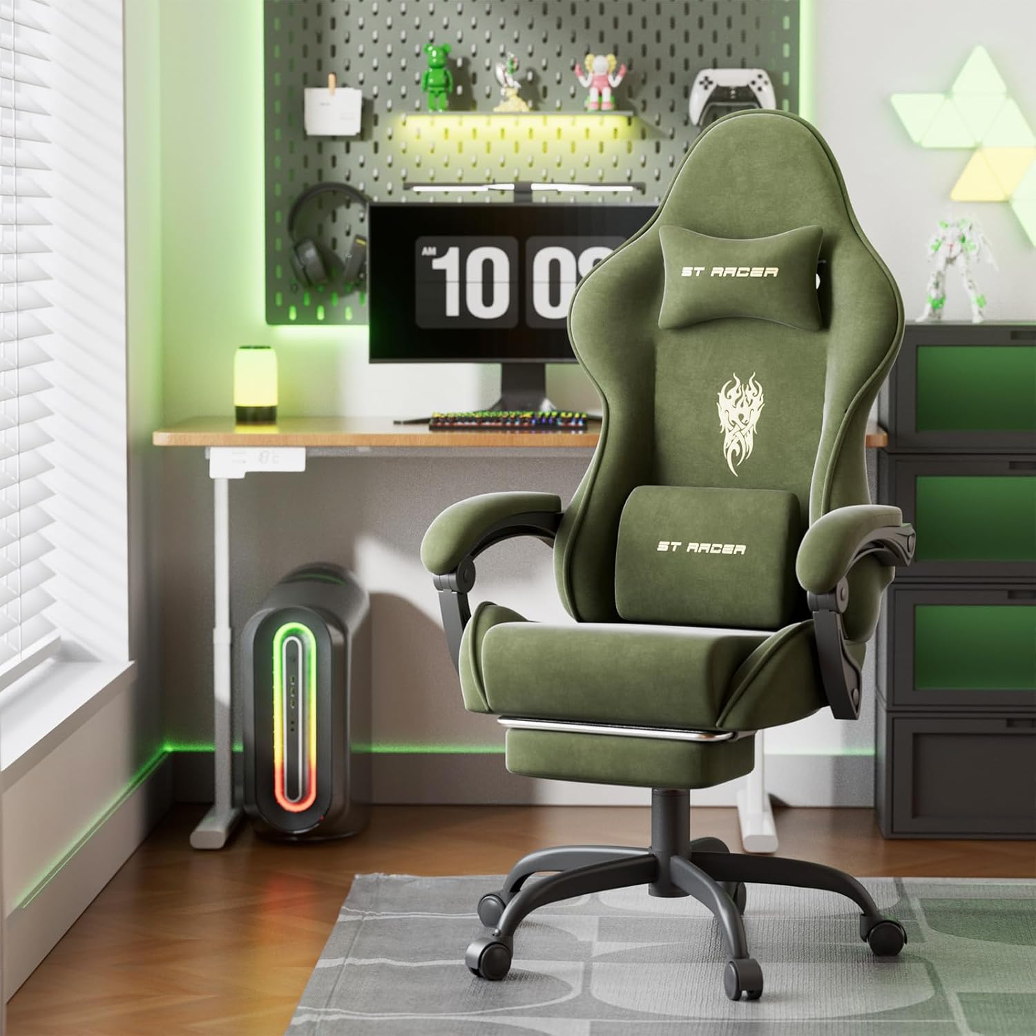 Ferghana Velvet Fabric Gaming Chair, High Back Ergonomic Gamer Chair for Adult, Comfortable Video Game Chair with Footrest and Massage Lumbar Cushion, Racing Reclining Office Computer Desk Chair Green