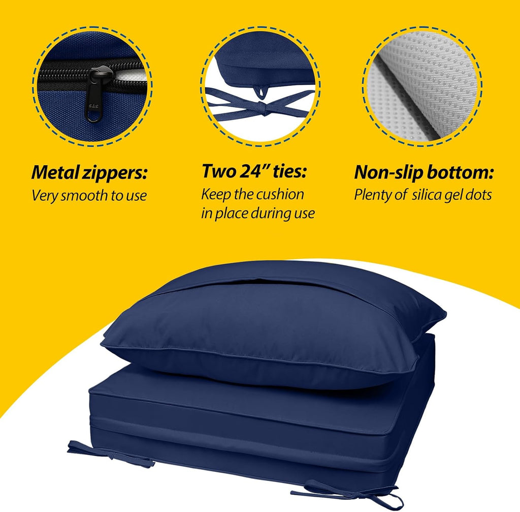 AAAAAcessories Outdoor Seat Cushions for Chairs, Fade-Resistant, Waterproof Patio Furniture Replacement Cushions, 22' x 22' x 3' + 22' x 17', Set of 4, Navy Blue