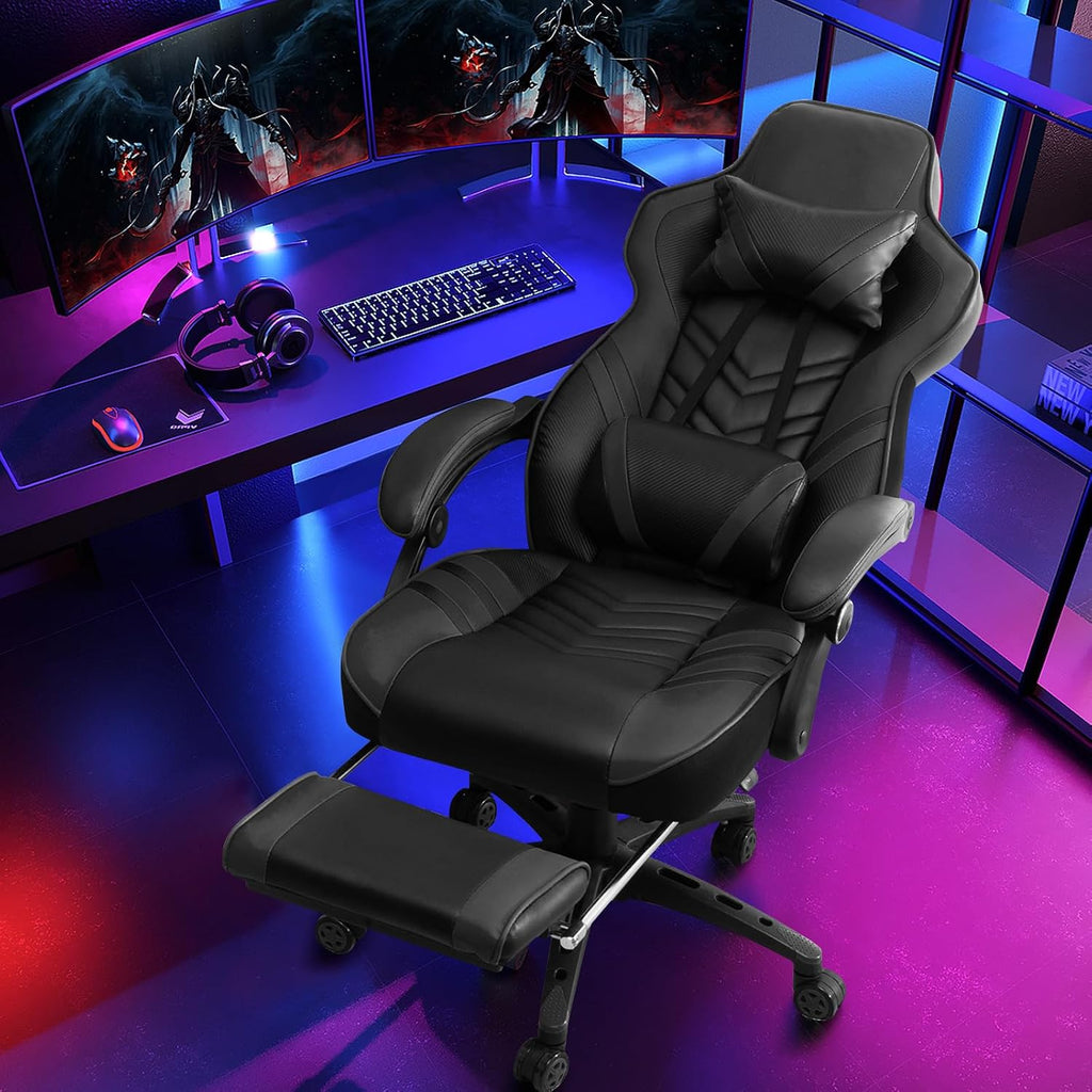 Goplus Gaming Chair, Computer Chair with Footrest and Lumbar Support, Height Adjustable Executive Swivel Rolling Task Chair with 90°-155° Tilt Function (Black)