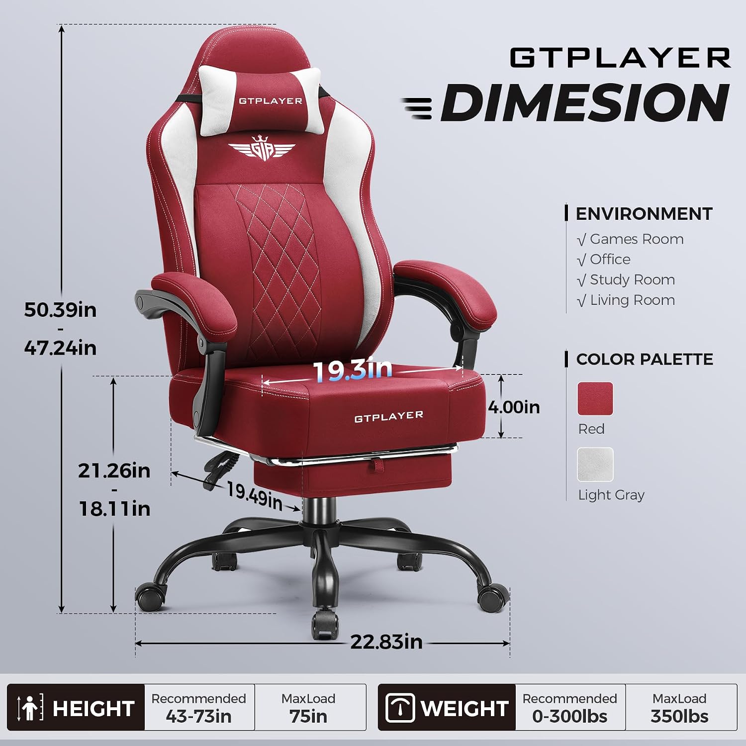 GTPLAYER Big and Tall Gaming Chair Breathable Fabric Computer Chair with Strong Lumbar Support, Comfortable Office Chairs with Pocket Spring Cushion, High Back Ergonomic Desk Chairs with Footrest