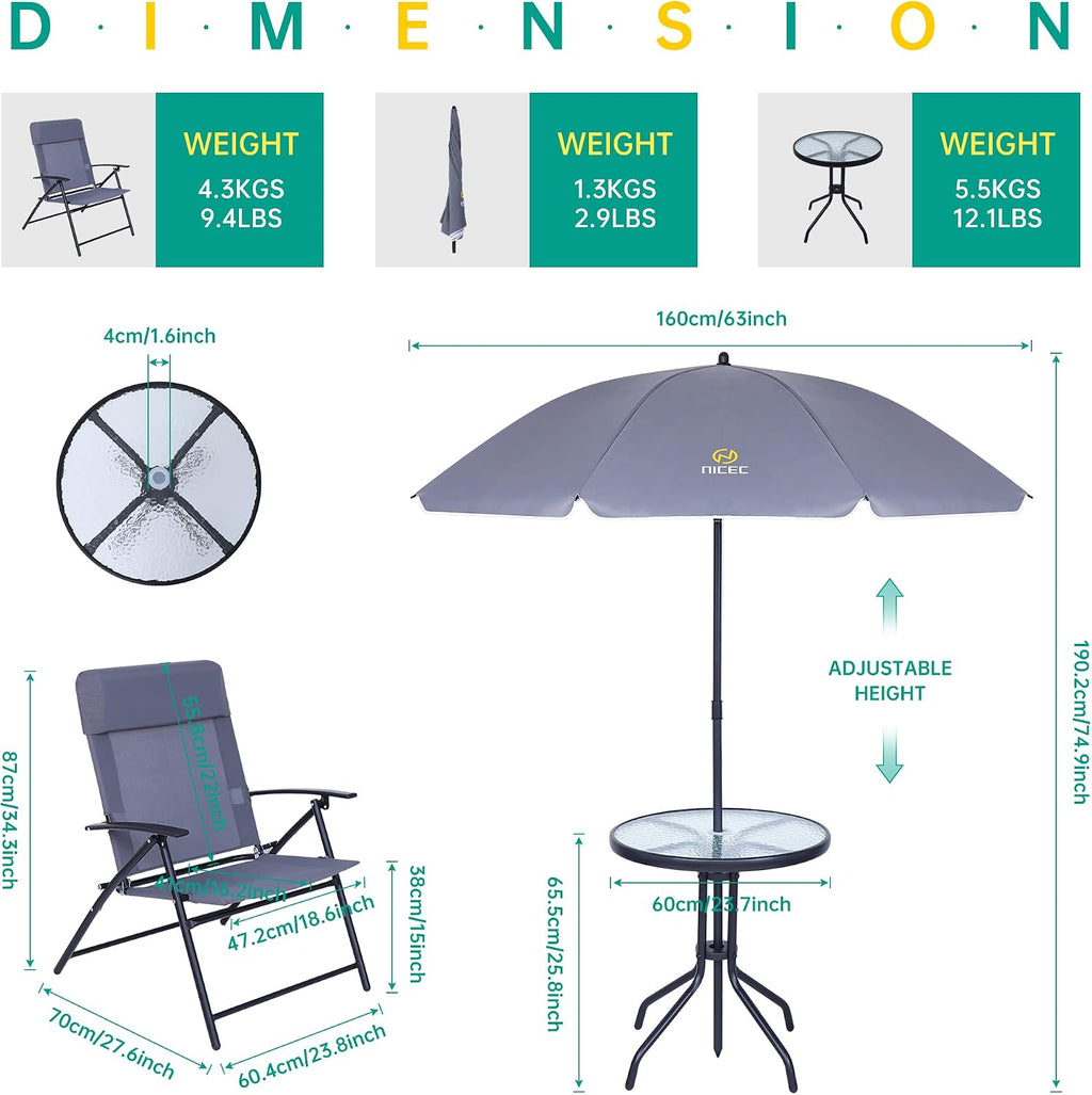 Nice C Patio Set with Umbrella, Outdoor Dinning Set, Patio Furniture Set, Patio Table Chair with Umbrella, Table and Chairs, 4-Piece Garden Furniture Set, Glass Table, 2 Folding Chairs&Umbrella (Grey)