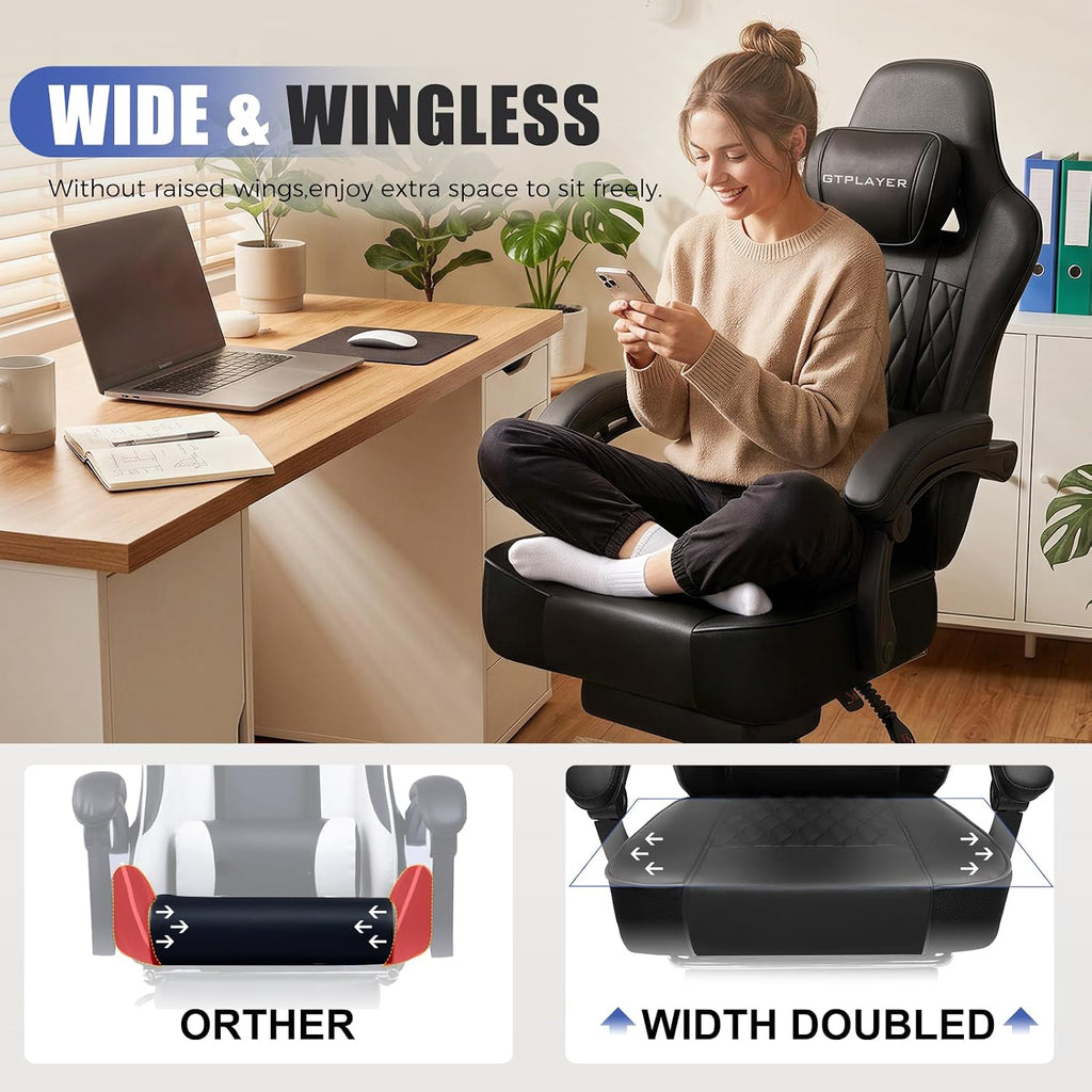 GTPLAYER Big and Tall Gaming Chair with Footrest, Ergonomic Office Desk Chair with 4.4in Thick Cushion and Wide Wingless Seat, Comfortable Leather Computer Chair, Predator Series, Satin Black