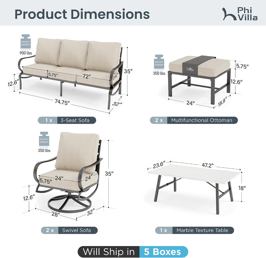 PHI VILLA 6 PCS Outdoor Patio Furniture Sets with 1x 3 Seater 72' Padded Deep Seating Bench, 2 x Cushioned Swivel Armrest Sofa Chairs, 2 x Ottoman and & 1 x Coffee Table for 5-7 Person