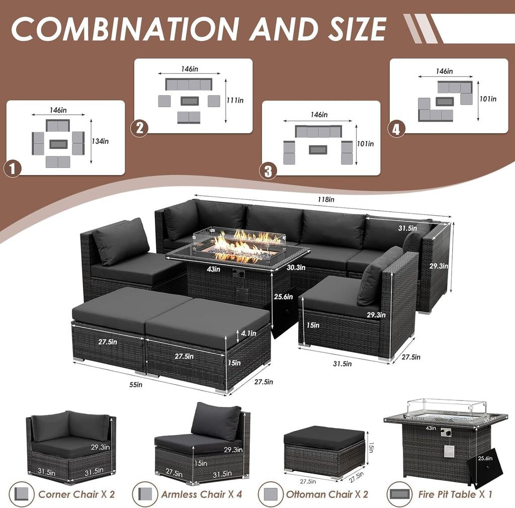 RADIATA 9 Piece Wicker Patio Furniture Set with Fire Pit, All-Weather Outdoor Sectional Couch High Back Large Size, Modular Backyard Seating Sofa Set with Propane/Natural Gas Firepit Table, Dark Grey