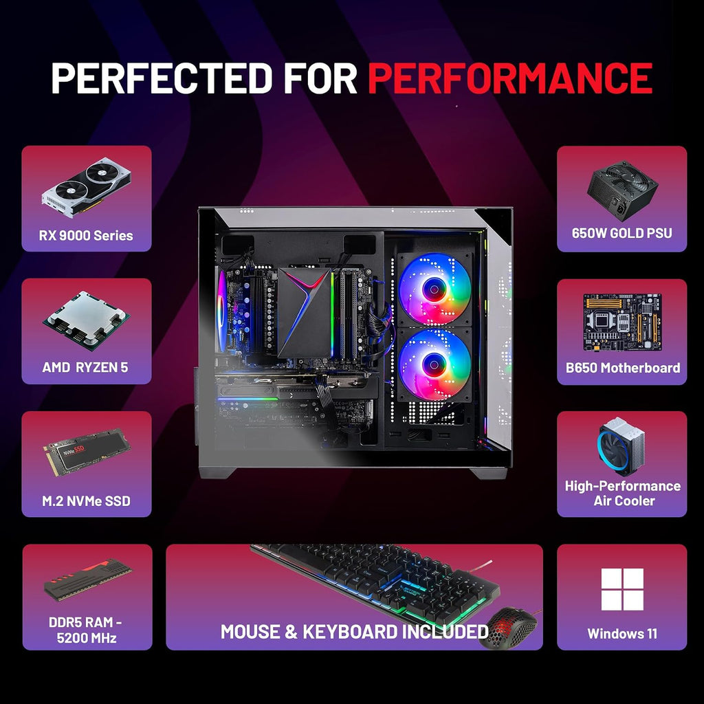 Skytech Gaming Crystal Gaming PC, AMD Ryzen 7 5700 3.7GHz, AMD RX 9060 8GB VRAM, 1TB NVMe SSD, 16GB DDR4 RAM 3200, 650W Gold PSU, WI-FI 5, Windows 11, Desktop