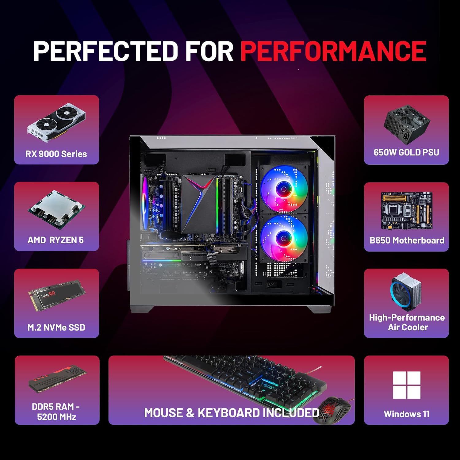 Skytech Gaming Crystal Gaming PC, AMD Ryzen 7 5700 3.7GHz, AMD RX 9060 8GB VRAM, 1TB NVMe SSD, 16GB DDR4 RAM 3200, 650W Gold PSU, WI-FI 5, Windows 11, Desktop