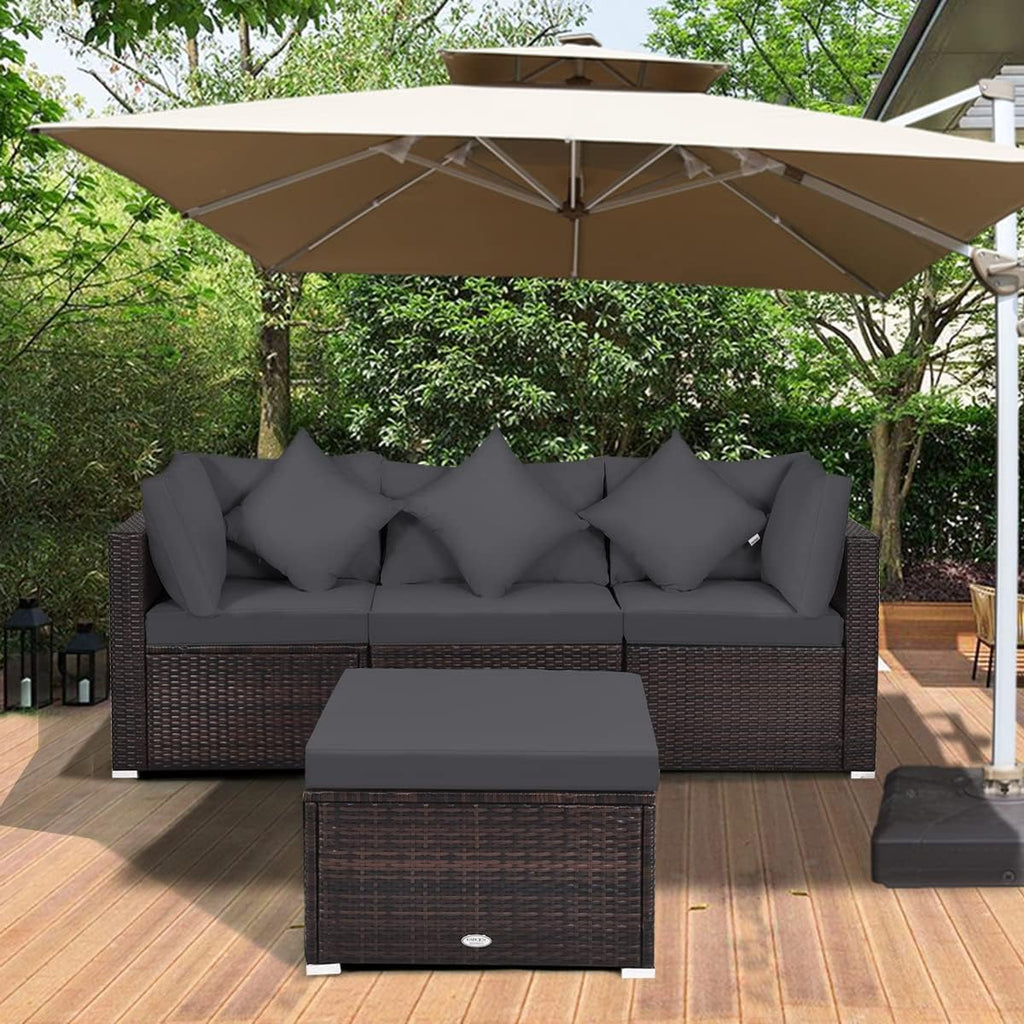 Tangkula 4 Pieces Patio Rattan Sofa Set, Outdoor Wicker Sectional Furniture Set, Patio Conversation Set with Removable Cushions & Pillows for Backyard Porch Garden Poolside Balcony (Gray)