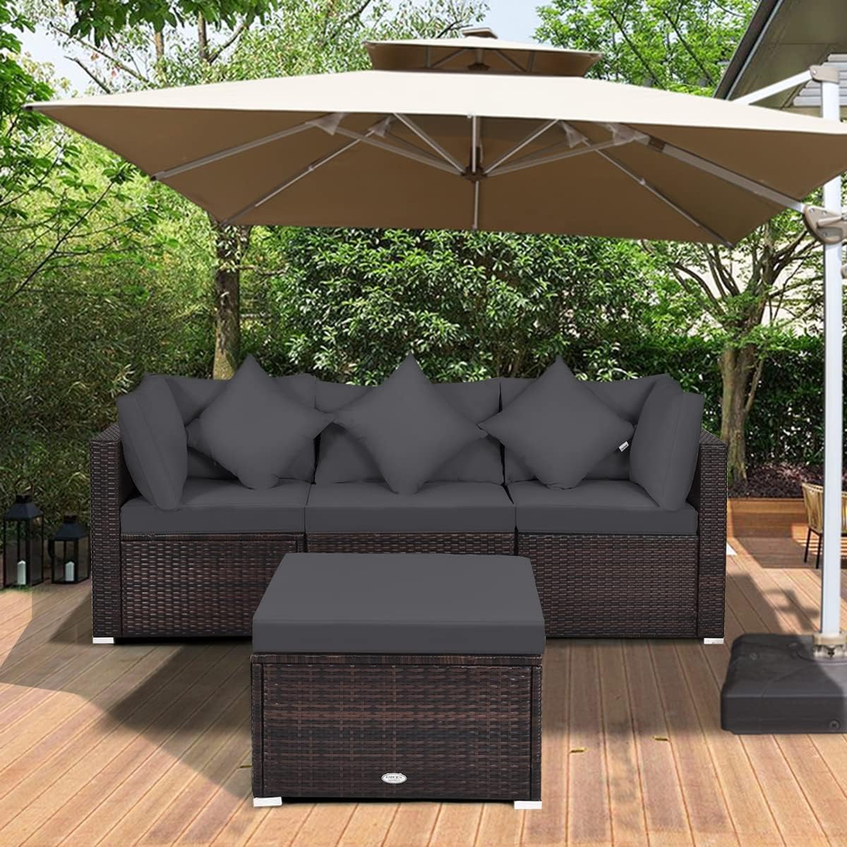 Tangkula 4 Pieces Patio Rattan Sofa Set, Outdoor Wicker Sectional Furniture Set, Patio Conversation Set with Removable Cushions & Pillows for Backyard Porch Garden Poolside Balcony (Gray)