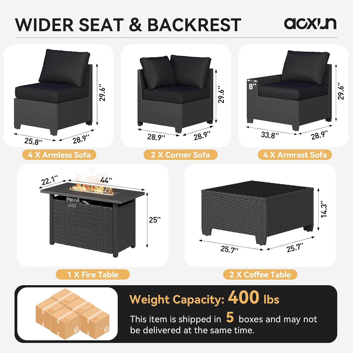 Aoxun Patio Furniture Sets with 44'' Fire Pit, 13 Pcs Outdoor Patio Coversation Set with 4in Thicken Cushion, Widen Armrests Wicker Outdoor Sectional for Backyard (Waterproof Cover Include)