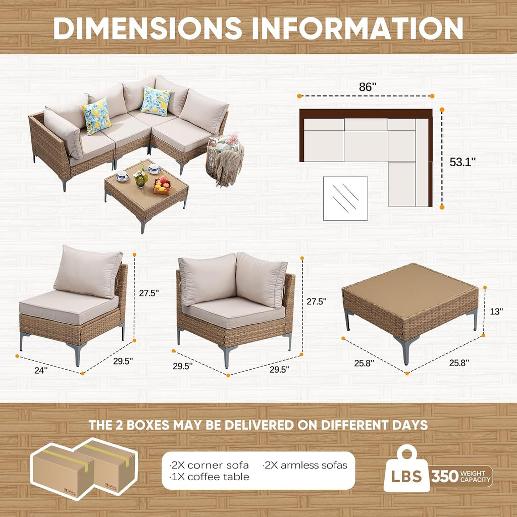JOYURE 5 Piece Wicker Patio Furniture Set,Outdoor Conversation Sectional Sofa w/Coffee Table,All-Weather Outdoor Sofa with Thick and Anti-Slip Cushions for Deck,Poolside,Garden,Beige