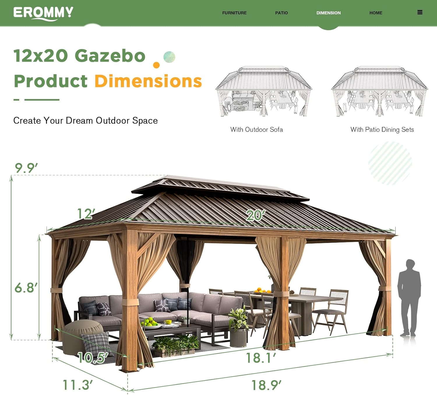 EROMMY 12'x20' Gazebo, Galvanized Steel Double Roof with Wood Grain Aluminum Frame, Outdoor Permanent Metal Pavilion with Curtains and Nettings for Patio, Backyard and Deck
