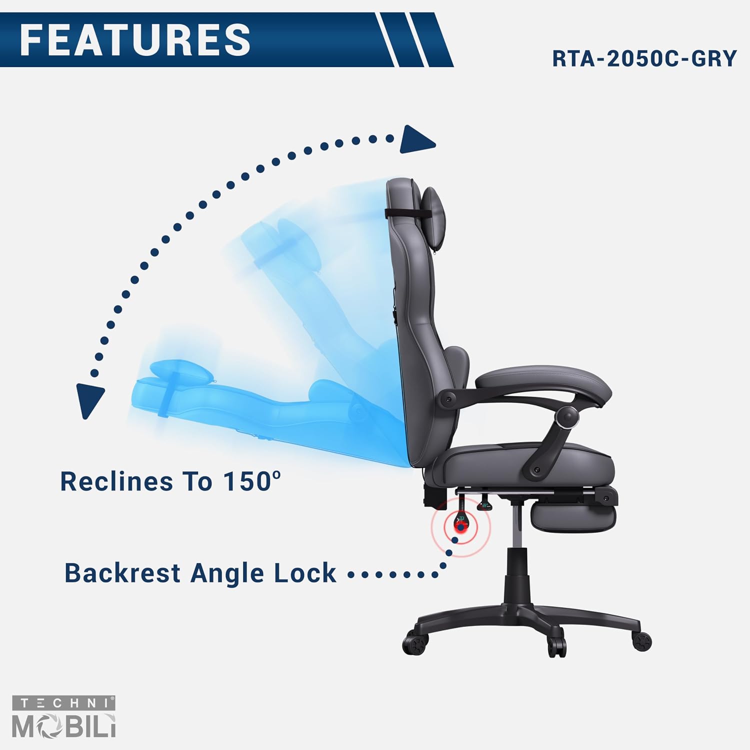 Executive Office or Gaming Chair with Footrest, Padded PU Leather Office Chair with 150-Degree Recline, Lumbar Support & Headrest Pillow, Grey