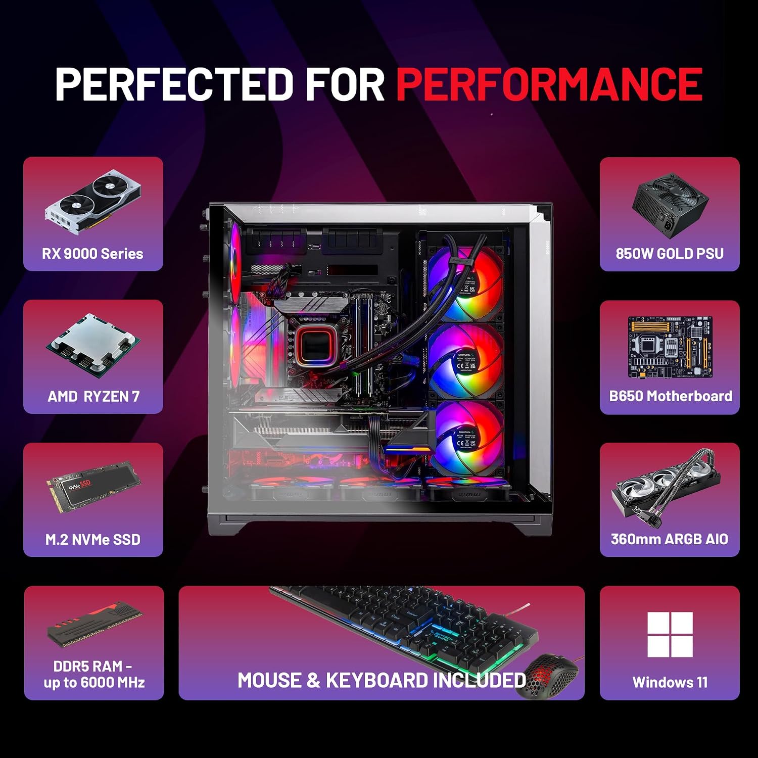 Skytech Gaming O11 Vision Gaming PC, AMD Ryzen 7 9800X3D 4.7GHz, AMD RX 9070XT 16GB VRAM, 1TB Gen4 NVMe SSD, 32GB DDR5 RAM 6000, 850W Gold ATX 3 PSU, 360 ARGB AIO, WI-FI 5, Windows 11, Desktop