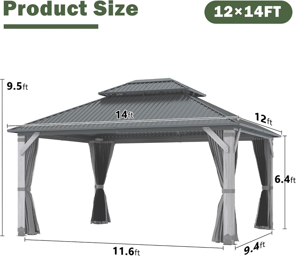 12'x14' Hardtop Wood Gazebo, Outdoor Double Roof Galvanized Steel Top Gazebo with Wooden Post, Curtains & Netting for Backyard, Patio, Deck (12x14 FT)