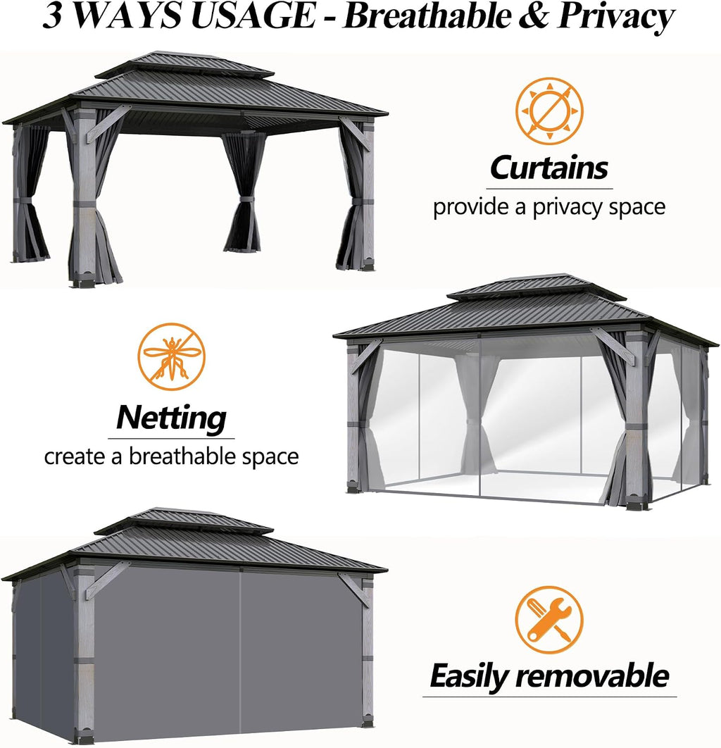 GARTOO 12' x 16' Outdoor Wood Gazebo - Permanent Wooden Hardtop Gazebo Pavilion with Double Curtains, Galvanized Steel Roof Cedar Wood Gazebos for Garden, Lawn, Poolside, Backyard Deck