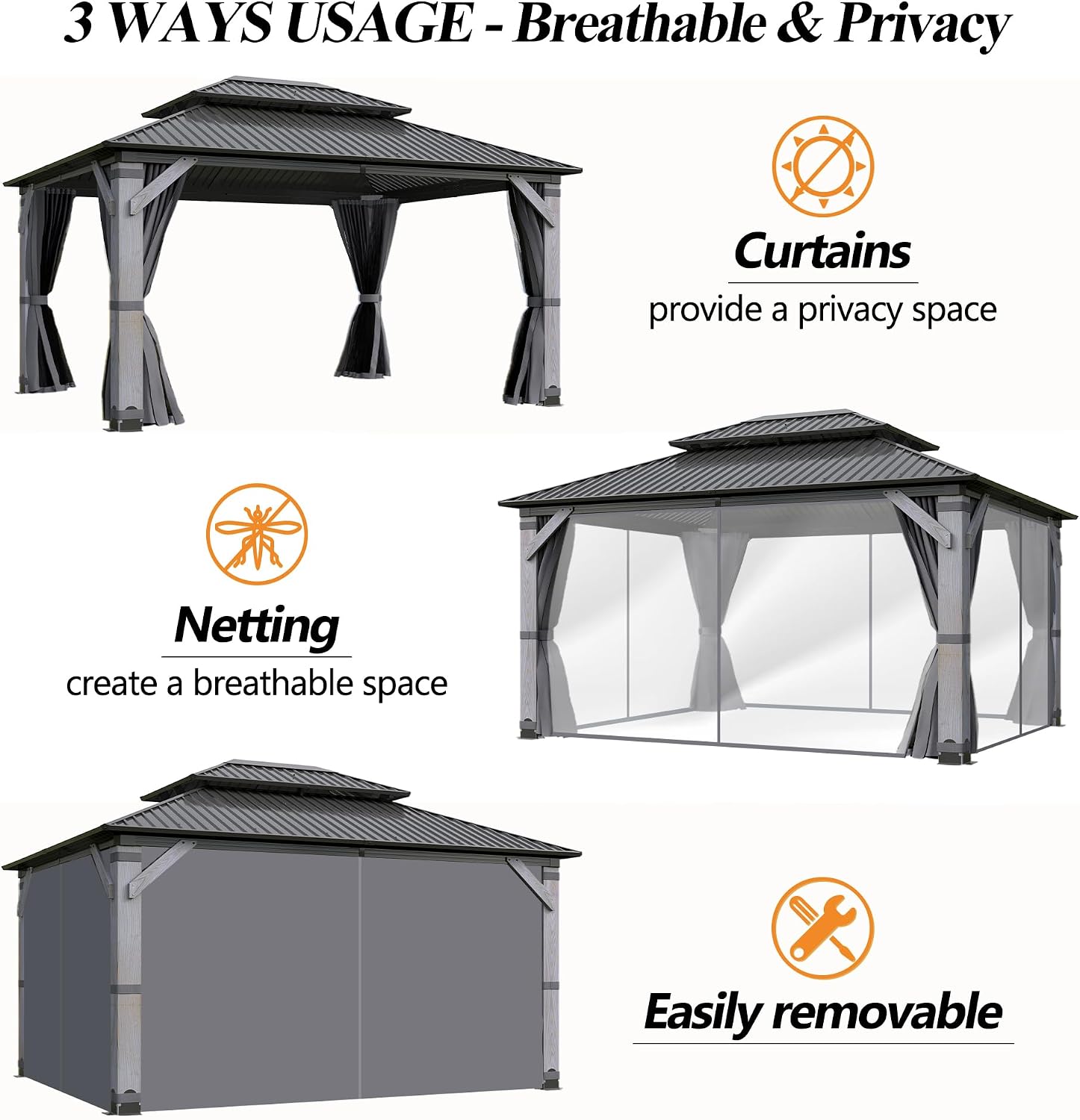 GARTOO 12' x 16' Outdoor Wood Gazebo - Permanent Wooden Hardtop Gazebo Pavilion with Double Curtains, Galvanized Steel Roof Cedar Wood Gazebos for Garden, Lawn, Poolside, Backyard Deck