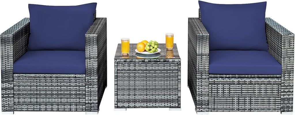 HAPPYGRILL 3 Pieces Patio Conversation Set Outdoor Rattan Wicker Sofa Set with Coffee Table Patio Furniture Set with Soft Cushions for Balcony Porch Backyard Garden