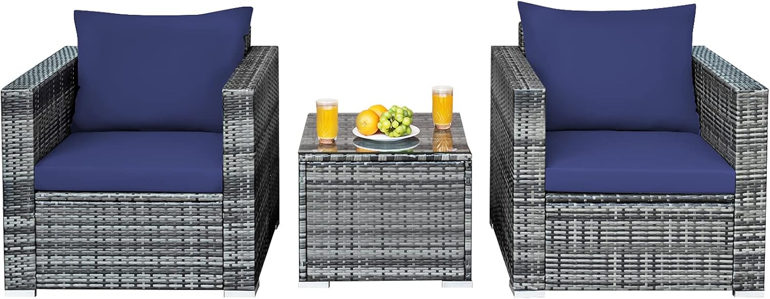 HAPPYGRILL 3 Pieces Patio Conversation Set Outdoor Rattan Wicker Sofa Set with Coffee Table Patio Furniture Set with Soft Cushions for Balcony Porch Backyard Garden