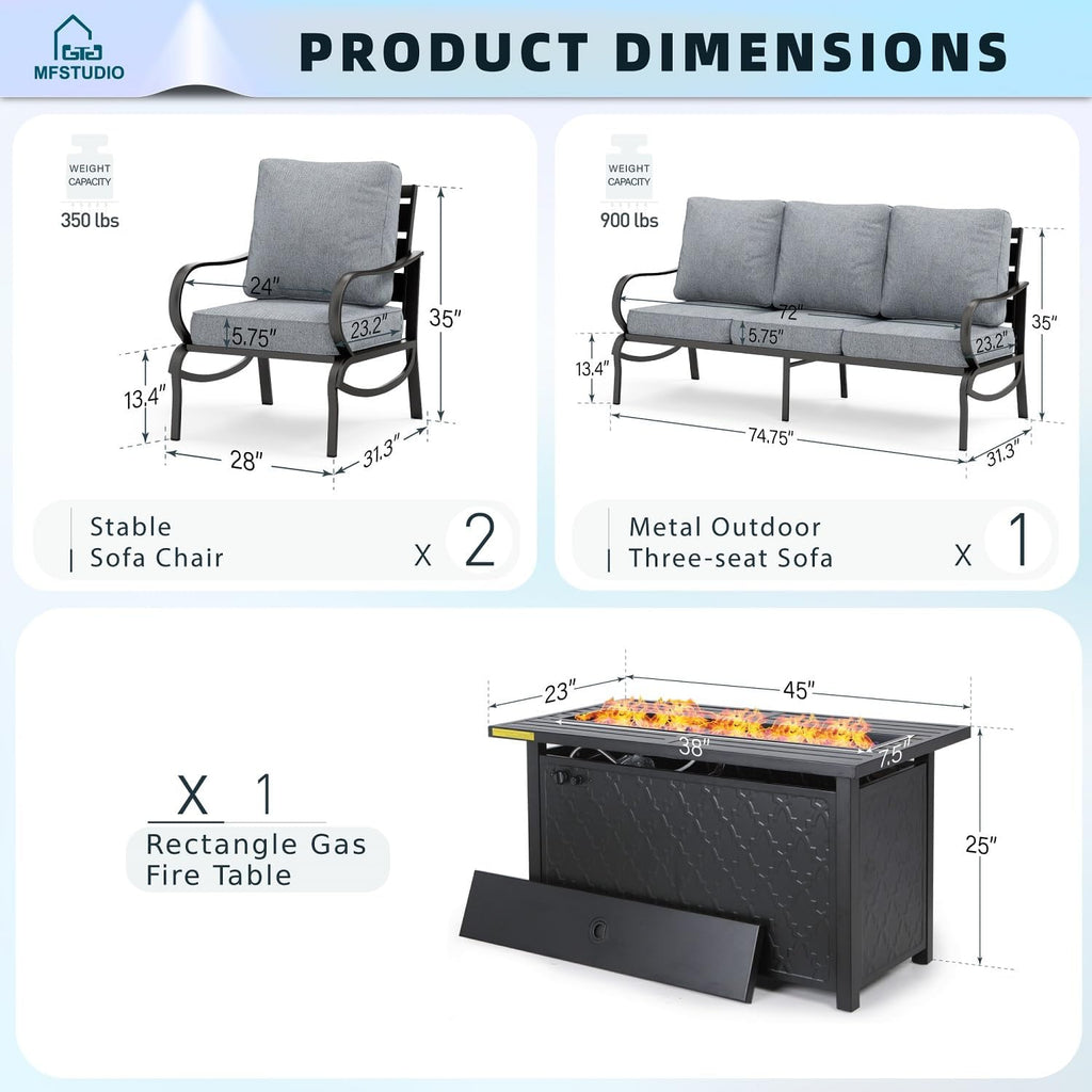 MFSTUDIO 4 Piece Patio Conversation Sets, All Weather Metal Frame Outdoor Furniture Set Patio Sofas with 1 x 45 Rectangular Fire Pit Table, 1 x 3-Seat Sofa, 2 x Sofa Chairs, Grey Cushion