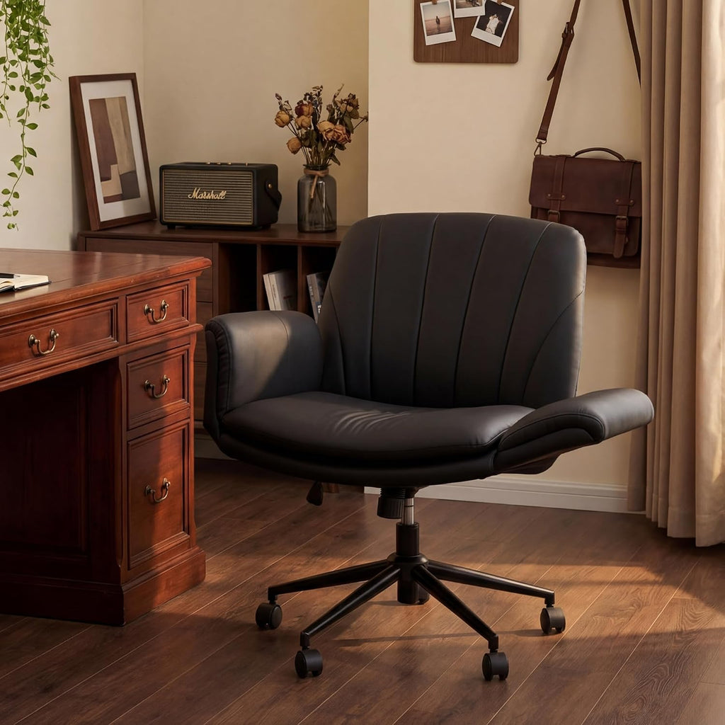 Dowinx Criss Cross Chair with Five-Level Adjustable Arms and Wheels - Comfortable Ergonomic PU Leather Swivel Vanity Chair - Computer Makeup Gaming Chair for Home Office, Bedroom, Living Room (Black)