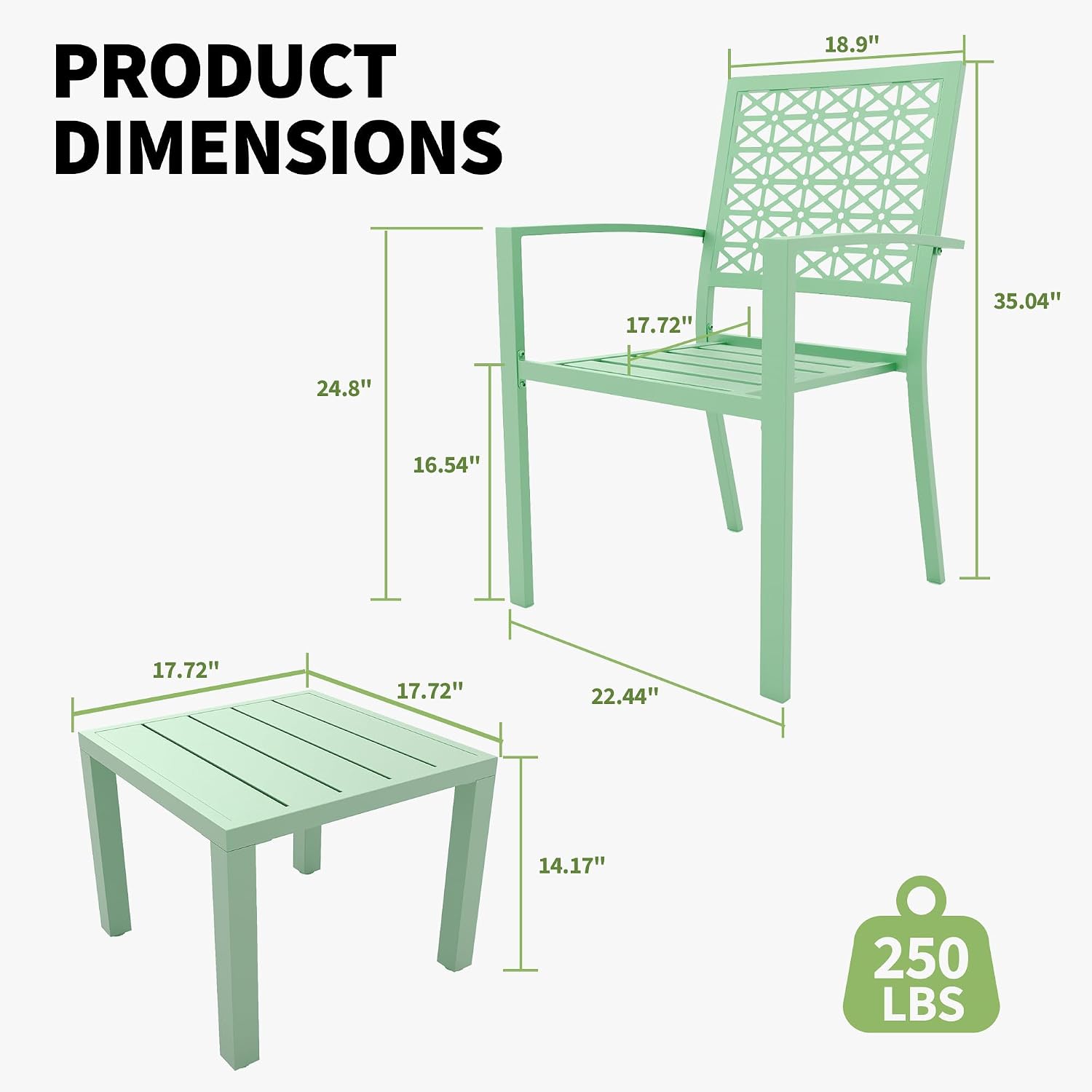 GarveeLife 3 Pieces Patio Furniture Set, Metal Outdoor Furniture with 2 Chairs and Coffee Table, Modern Bistro Set for Garden, Balcony, Porch, Light Green