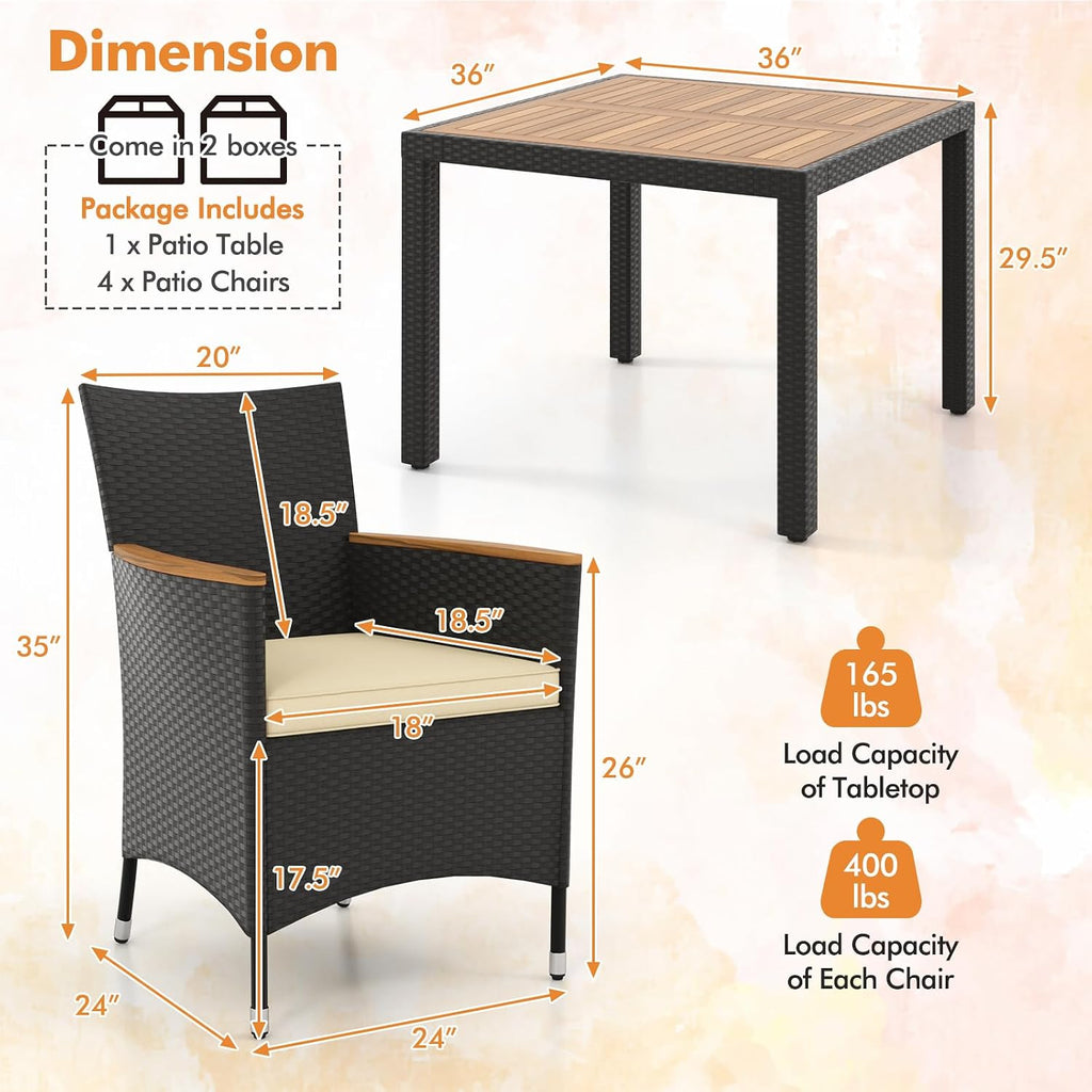 COSTWAY 5-Piece Patio Dining Set for 4, Outdoor Rattan Wicker Table and Chairs Furniture Set with Umbrella Hole, Acacia Wood Tabletop for Backyard, Balcony, Poolside, Black & Beige