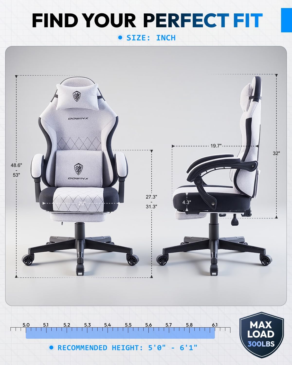 Dowinx Gaming Chair, Fabric Gaming Chairs for Adults with Pocket Spring Cushions and Lumbar Support, Ergonomic Massage Computer Chair with Footrest for Big and Tall, Gray