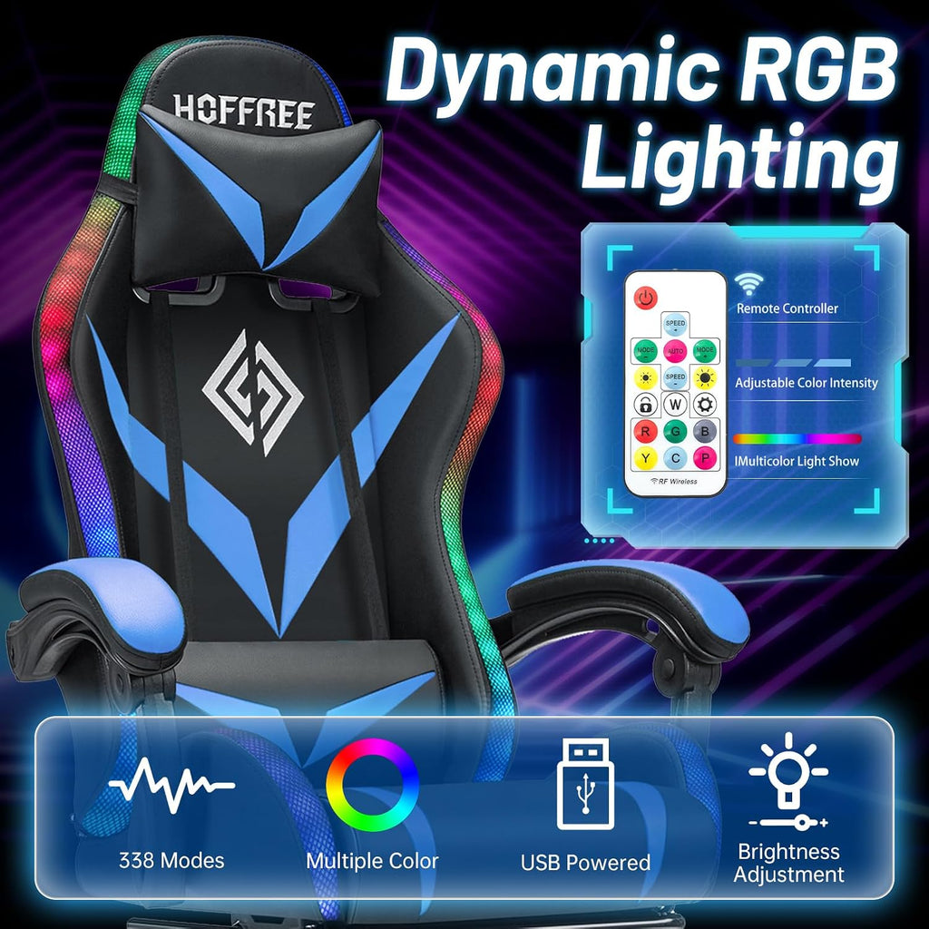 RGB Gaming Chair Massage with LED Lights and Ergonomic Computer Gaming Chair with Footrest High Back Video Game Chairs with Adjustable Lumbar Support Blue and Black