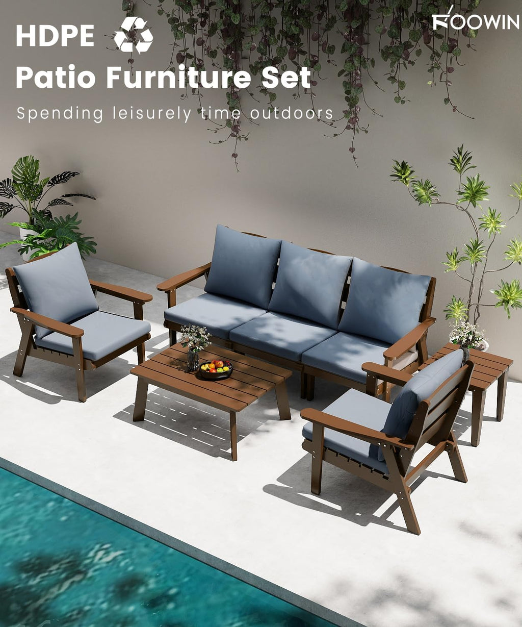 FOOWIN 7-Piece Patio Furniture Set, HDPE All-Weather Outdoor Conversation Set with Thick Cushions, Sectional Patio Sofa Furniture for Deck, Porch, Lawn, Garden, Brown Frame & Grey Cushion