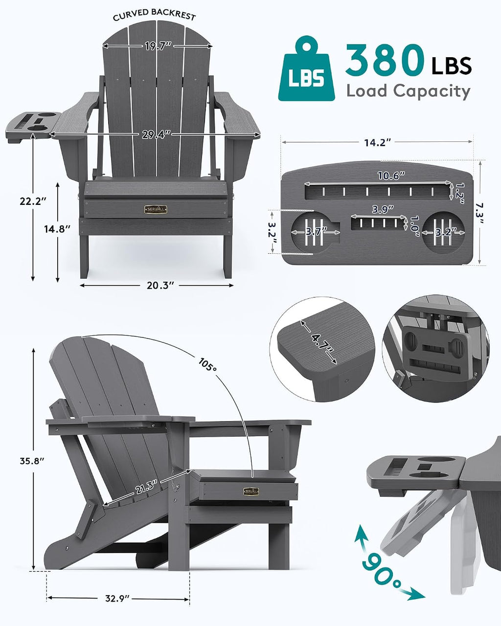 SERWALL Folding Adirondack Chair Set of 2, HIPS Adirondack Chairs with 4 in 1 Multi-Functional Cup Holder, Weather Resistant Plastic Chairs for Patio Garden Outdoors Fire Pit- Gray