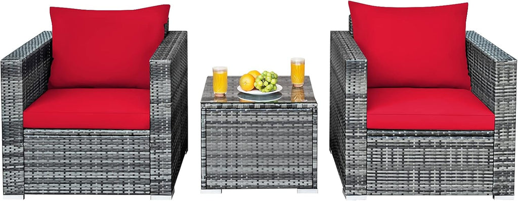 HAPPYGRILL 3-Piece Patio Conversation Set Outdoor Rattan Wicker Sofa Set with Coffee Table Patio Furniture Set with Soft Cushions for Balcony Porch Backyard Garden