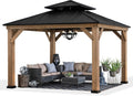 Sunjoy 11 x 11 ft. Wood Gazebo Upgrade Cedar Framed Gazebos with Black Double Steel Hardtop Roof for Garden, Backyard Shade, Matte Black Roof + Natural Wood Frame