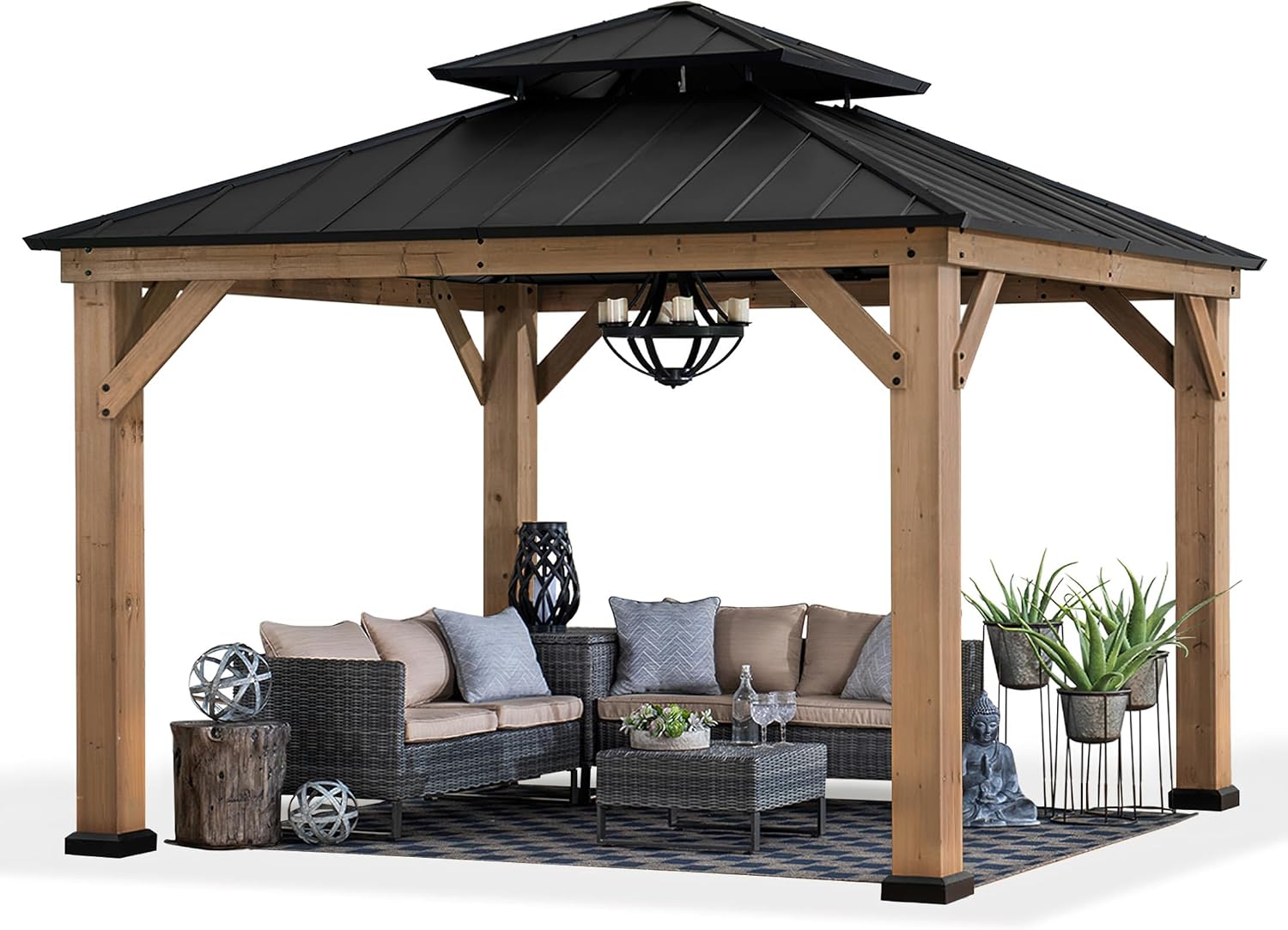 Sunjoy 11 x 11 ft. Wood Gazebo Upgrade Cedar Framed Gazebos with Black Double Steel Hardtop Roof for Garden, Backyard Shade, Matte Black Roof + Natural Wood Frame