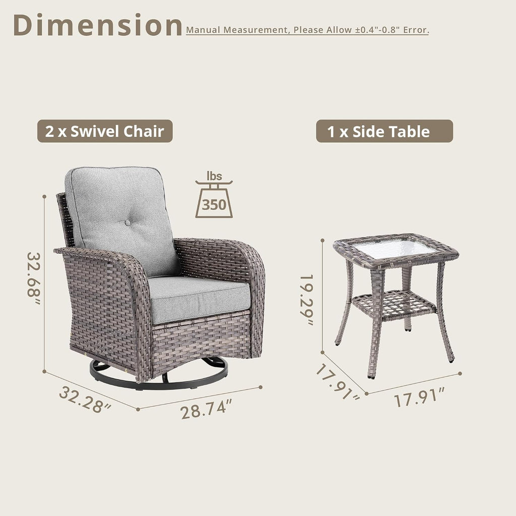 Outdoor Swivel Rocker Patio Chairs, 3 Piece Patio Furniture Set with Glider Chairs and Wicker Coffee Table, All Weather Rattan Chair Set for Porch Deck Yard Balcony, Dark Gray