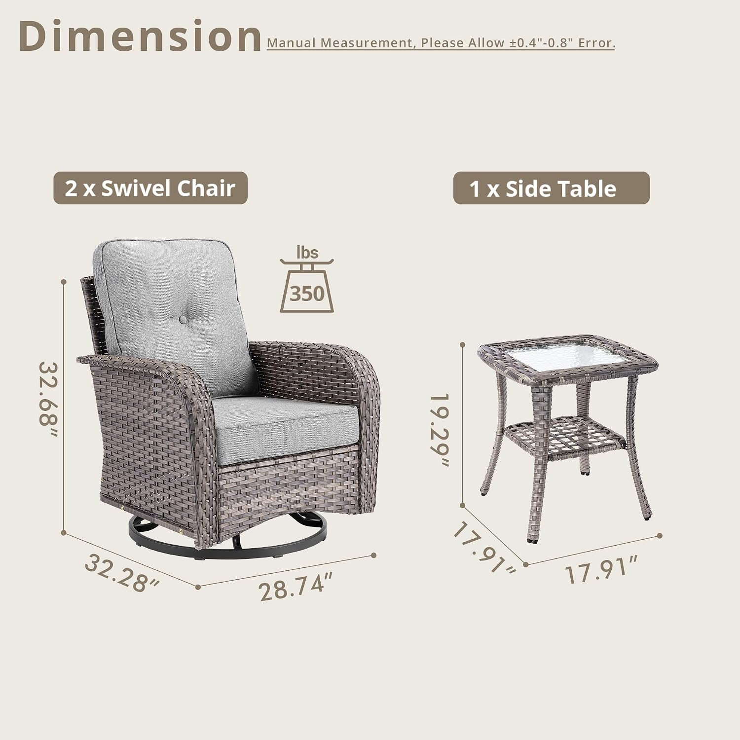 Outdoor Swivel Rocker Patio Chairs, 3 Piece Patio Furniture Set with Glider Chairs and Wicker Coffee Table, All Weather Rattan Chair Set for Porch Deck Yard Balcony, Dark Gray