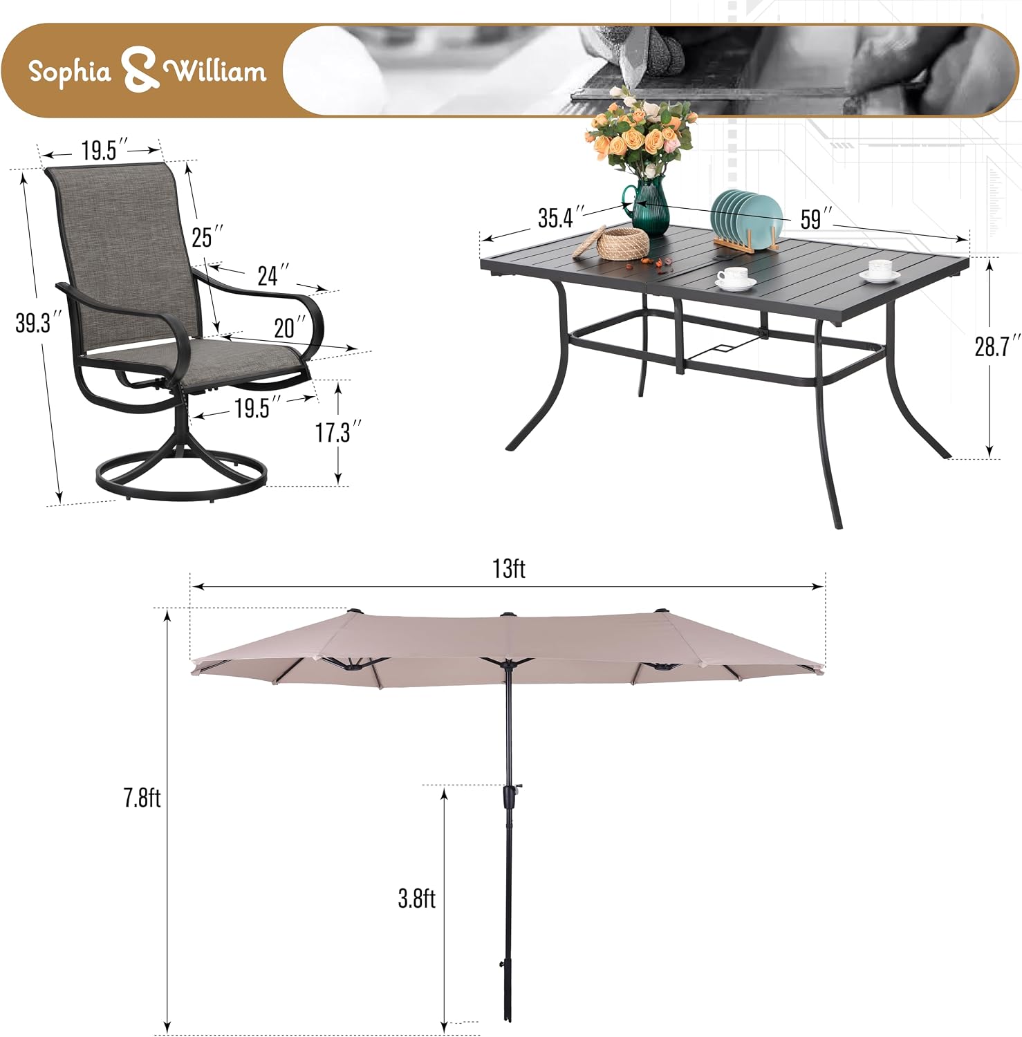 Sophia & William Patio Set with Umbrella 8 Pieces Outdoor Dining Set for 6 with 13ft Large Patio Umbrella Beige, 6 x Swivel Patio Chairs with 59' Dining Table for Lawn Garden