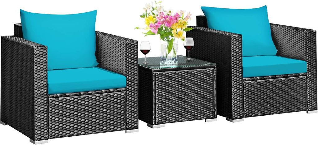 Tangkula 3 Pieces Patio Furniture Set, PE Rattan Wicker Sofa Set w/Washable Cushion Cover and Tempered Glass Tabletop, Outdoor Conversation Furniture for Garden