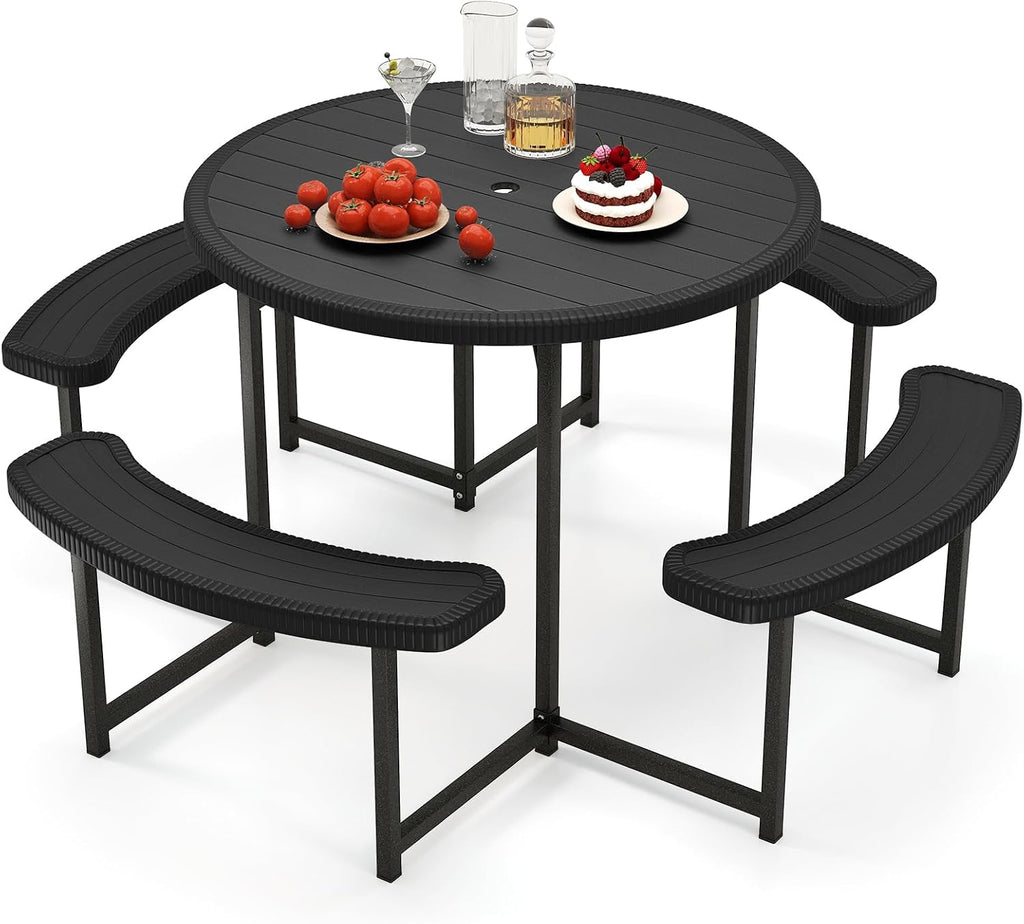 Giantex Picnic Table Bench Set for 4-8 Person, Round 37' Outdoor Dining Table w/Umbrella Hole, HDPE Tabletop, Metal Frame, Patio Furniture Set for Backyard Porch Lawn, 1400lb Capacity (Black,Round)