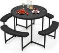 Giantex Picnic Table Bench Set for 4-8 Person, Round 37' Outdoor Dining Table w/Umbrella Hole, HDPE Tabletop, Metal Frame, Patio Furniture Set for Backyard Porch Lawn, 1400lb Capacity (Black,Round)