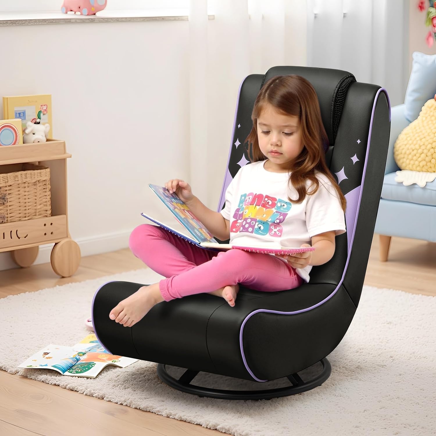 GTPLAYER Floor Gaming Chair Foldable Swivel Floor Chairs for Kids Boys Comfy Video Game Seat with 360° Multipurpose for Gamers, Bedroom or Game Room (Purple)