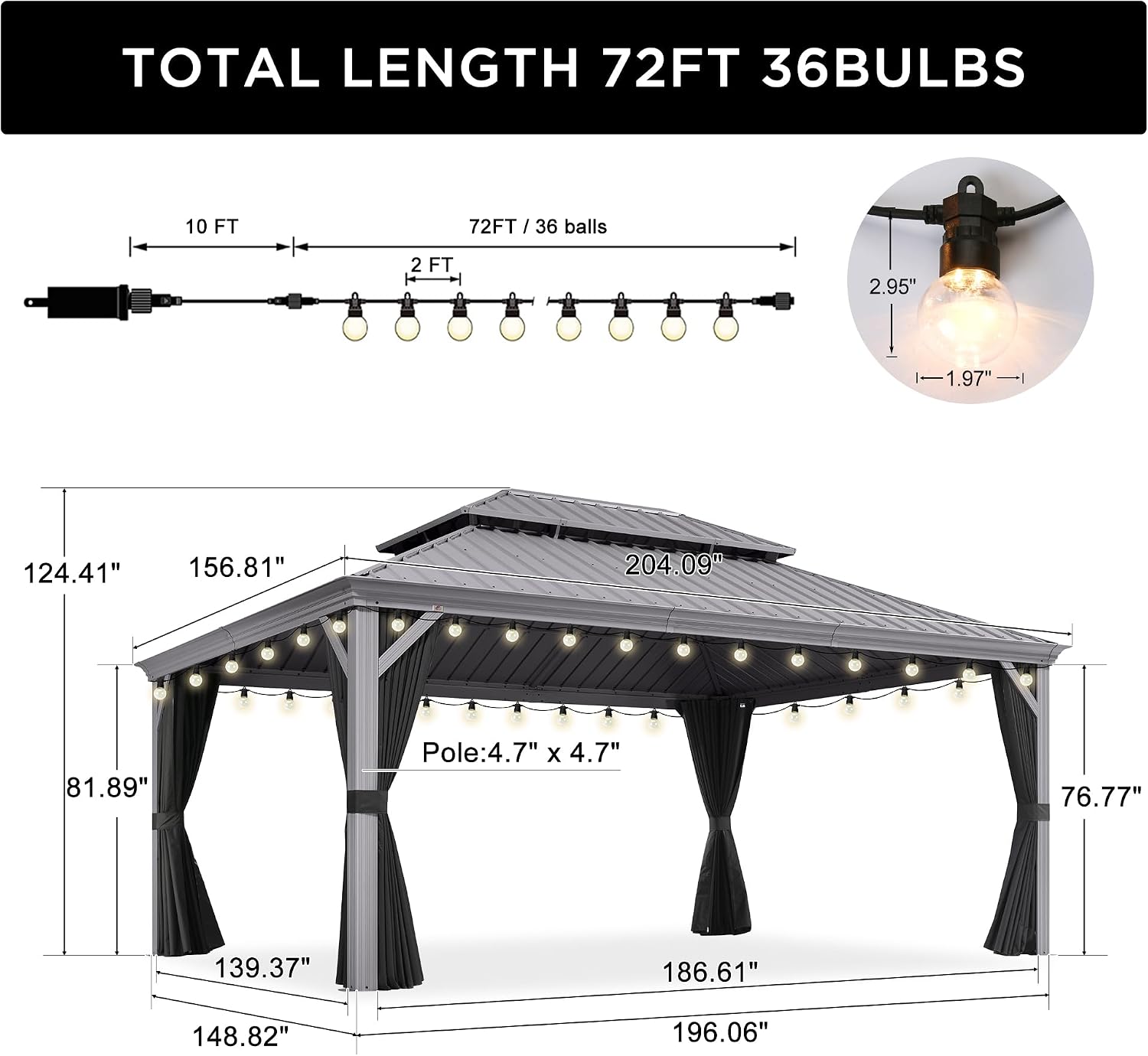 PURPLE LEAF 13' x 17 Hardtop Aluminum Gazebo with Netting and Curtains Heavy Duty Permanent Gazebo with Double Metal Roof for Patio Deck Lawn Garden All Weather Outdoor Pavilion Gazebos, Light Grey