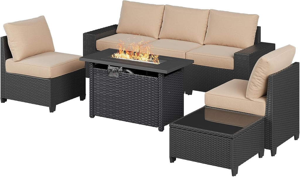 Aoxun Patio Furniture Set with 44'' Fire Pit Table, 7 Pcs Outdoor Patio Furniture Sets with 4in Thicken Cushion and Coffee Table, Widen Armrests Wicker Outdoor Sectional for Backyard & Garden, Beige