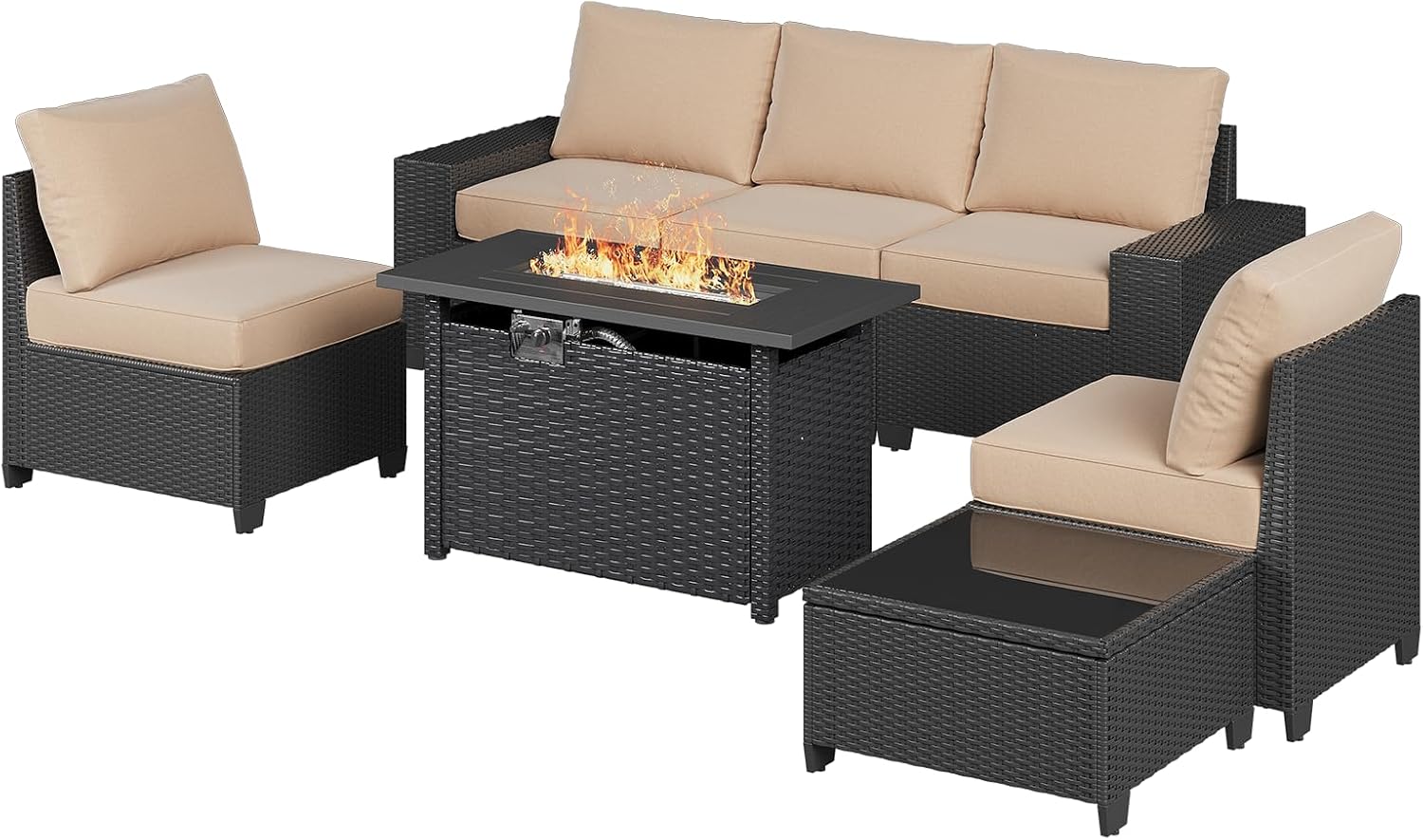 Aoxun Patio Furniture Set with 44'' Fire Pit Table, 7 Pcs Outdoor Patio Furniture Sets with 4in Thicken Cushion and Coffee Table, Widen Armrests Wicker Outdoor Sectional for Backyard & Garden, Beige