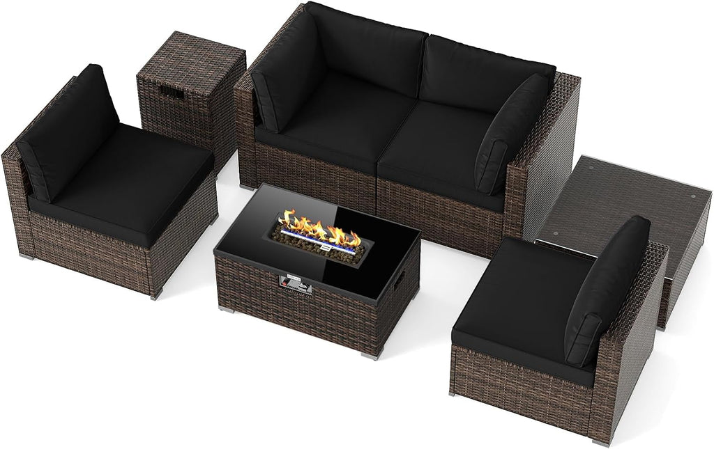 Tangkula 7 Pieces Wicker Patio Furniture Set with 40,000 BTU Gas Fire Pit Table & Propane Tank Cover Table & Glass Top Coffee Table, for Garden, Backyard and Poolside (Black)