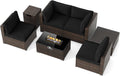 Tangkula 7 Pieces Wicker Patio Furniture Set with 40,000 BTU Gas Fire Pit Table & Propane Tank Cover Table & Glass Top Coffee Table, for Garden, Backyard and Poolside (Black)
