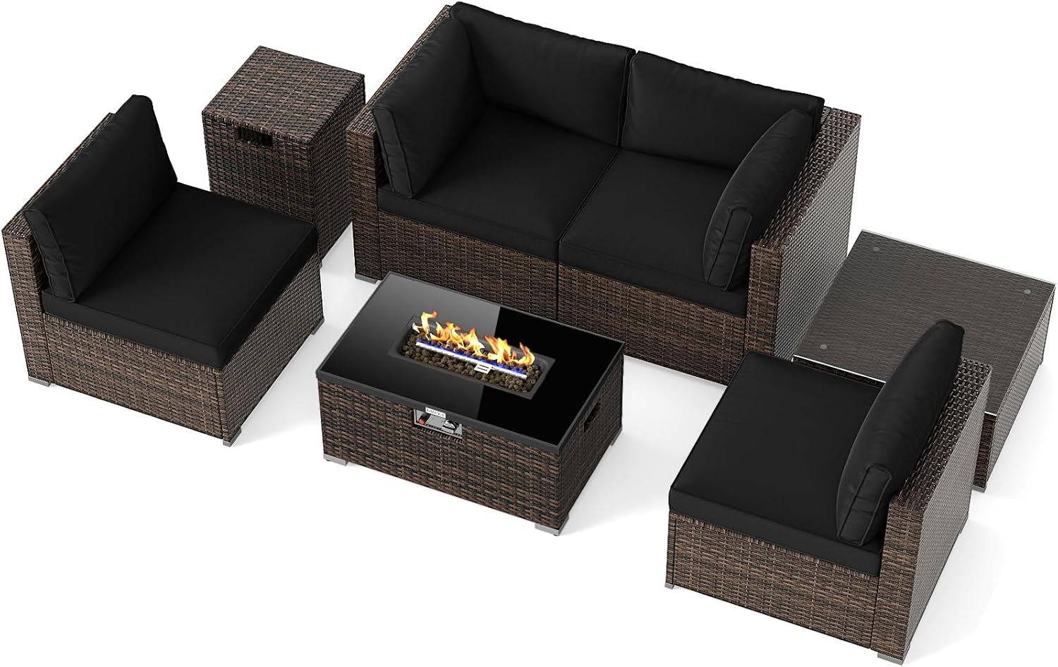Tangkula 7 Pieces Wicker Patio Furniture Set with 40,000 BTU Gas Fire Pit Table & Propane Tank Cover Table & Glass Top Coffee Table, for Garden, Backyard and Poolside (Black)