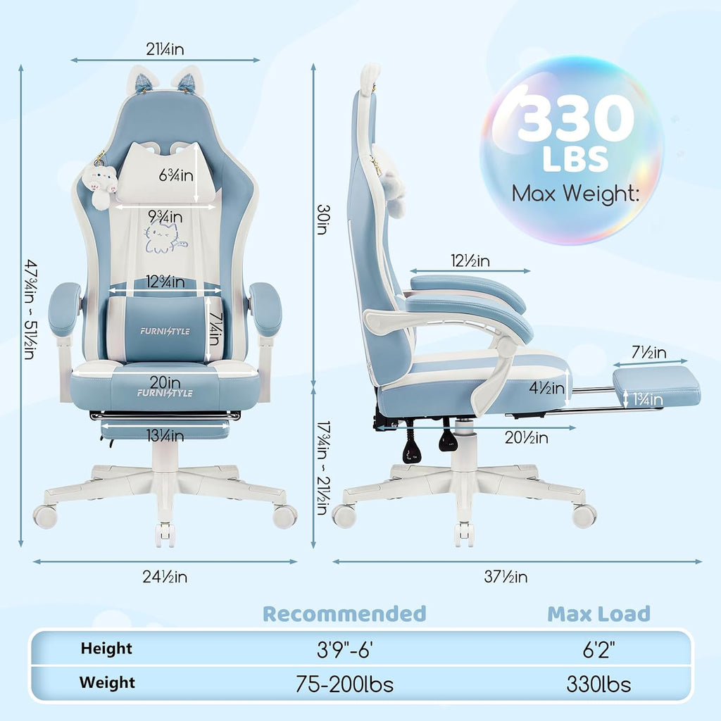 Gaming Chairs, Comfy Video Game Chair for Adults with Cat Ears Pocket Spring Cushion Massage Lumbar Support & Headrest, Ringing Accessories Cute Leather Ergonomic Computer Chair for Girls, Blue/White