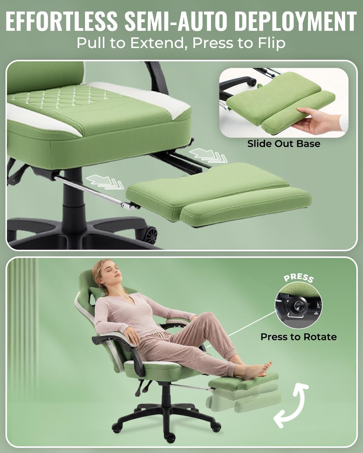 Dowinx Gaming Chair Breathable Fabric Game Chair with Gel Pad and Storage Bag, Comfortable Gamer Chair with Pocket Spring Cushion,Ergonomic Computer Chair with Footrest,Green and White