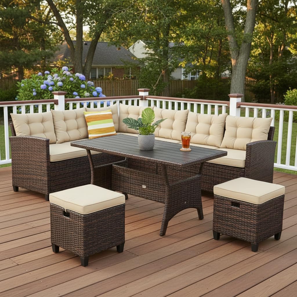 Tangkula 5 PCS Patio Furniture Set, Outdoor Conversation Set with 6 Cushioned Seat 2 Ottomans & Coffee Table, All Weather Wicker Dining Table Set with Ottoman, Rattan Sectional Couch Sofa Set